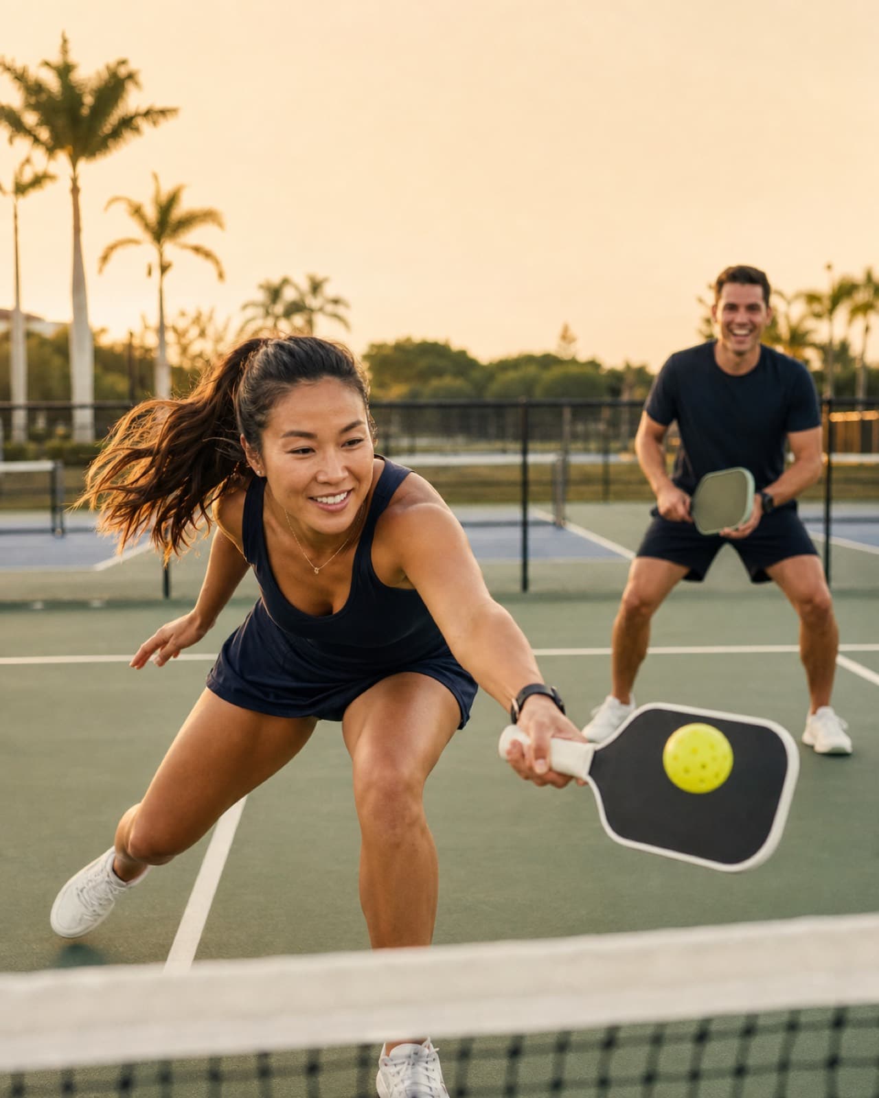 Two players mid-rally on a pickleball court at sunset, one stretching low for a return at the net.